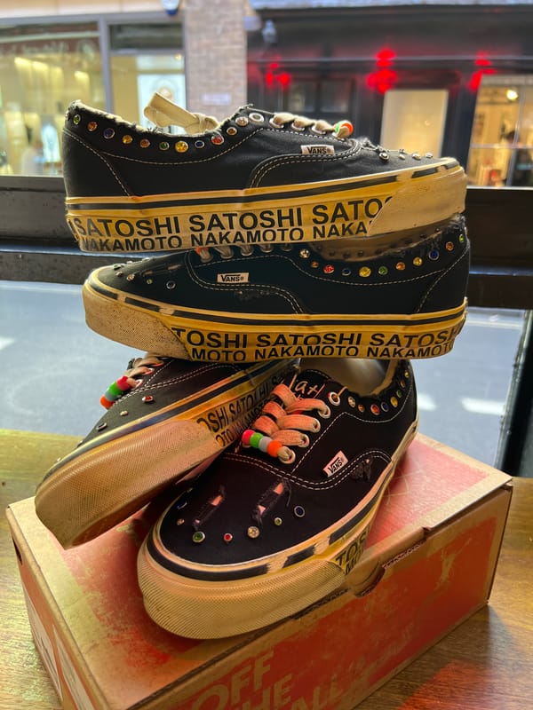Rhinestone Vans sneakers bearing 'Satoshi Nakamoto' text spotted in London