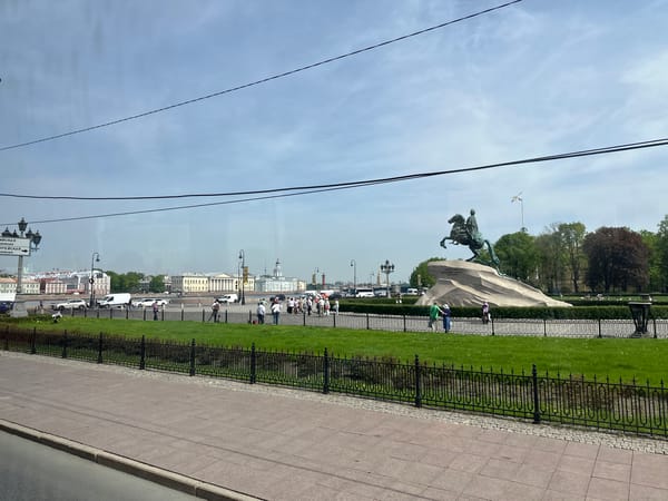 Tourist captures Bronze Horseman monument and Saint Petersburg waterfront