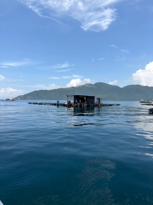 Boat approaches floating village near Vietnamese aquaculture farms