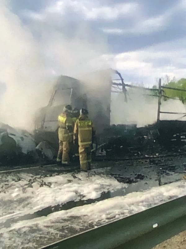 Spring morning captures firefighters, blooming trees, urban life
