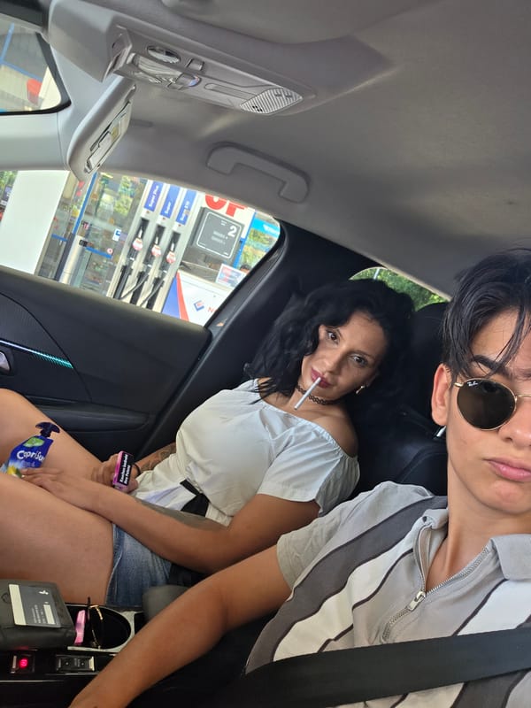 Passenger goofs for the camera at a German gas station
