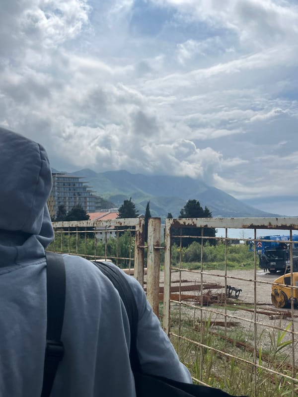 Person views scenic landscape through fence in Boreti, Montenegro