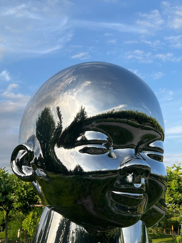 Krasnodar park's mirrored head sculptures on a summer afternoon