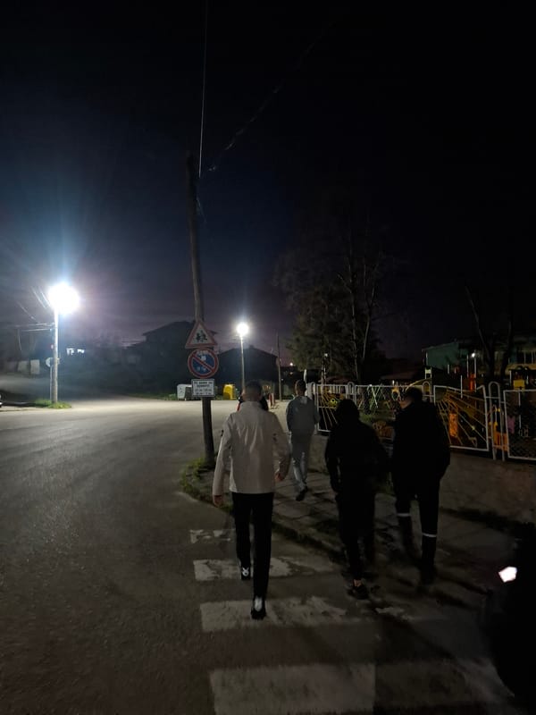 Pedestrians cross street in school zone, Veliki Preslav, Bulgaria
