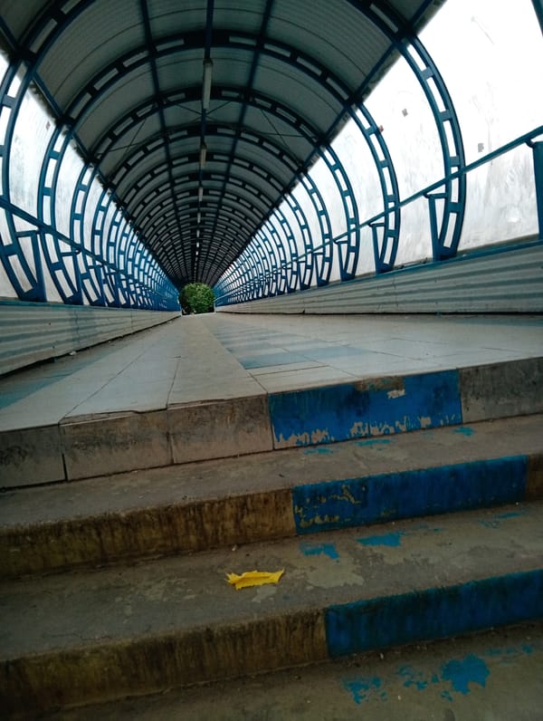 Couple embraces on pedestrian bridge over railway in Poltava