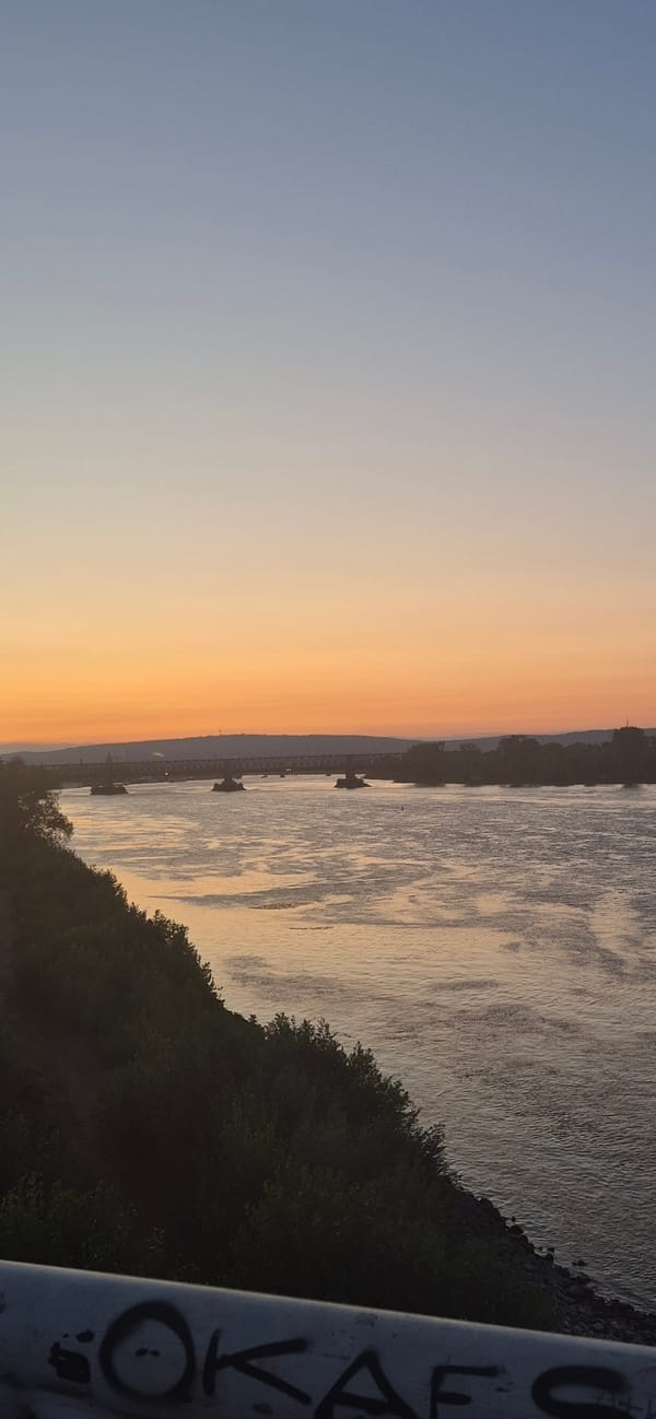 Rhine sunset in Mainz, with aircraft and mystery light overhead