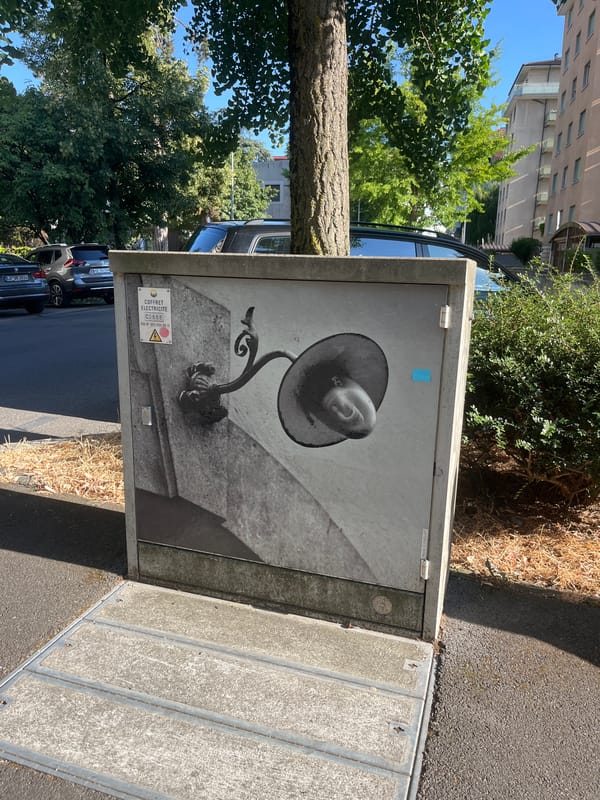 Street art, flowers, and small details along a Geneva sidewalk