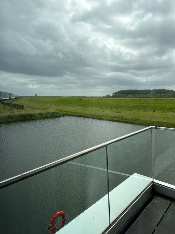 Observer documents overcast waterway scene with grassy banks