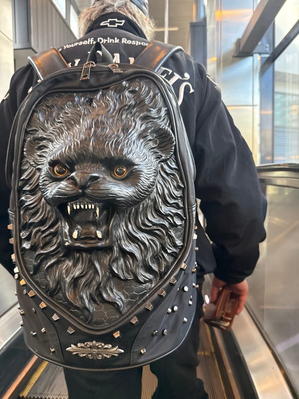 Escalator ride in Khimki featuring a bold 3D lion backpack