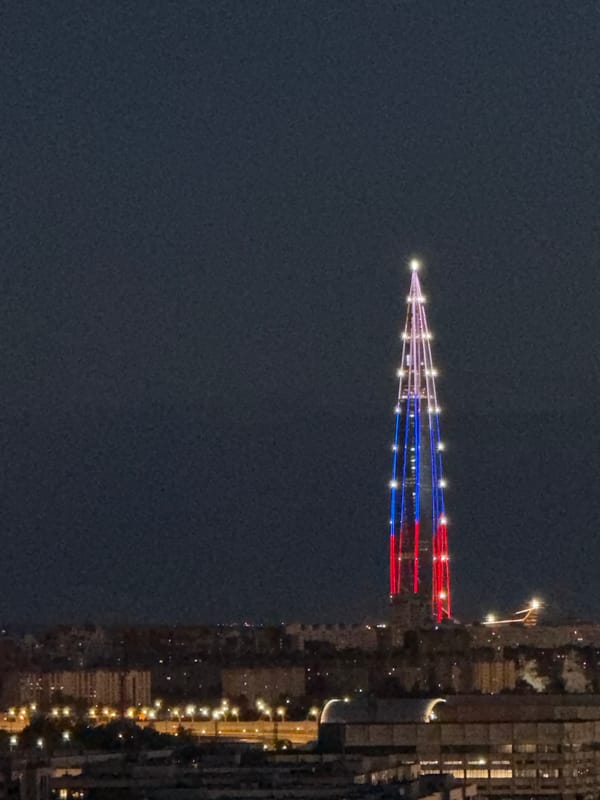 Lakhta Center displays Russian flag colors in evening illumination