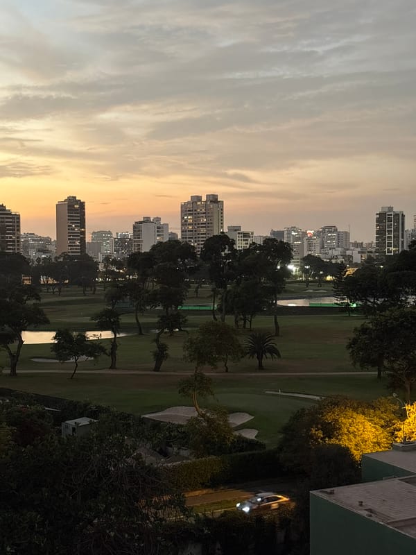 Woman takes elevator selfies amid San Isidro sunset cityscape