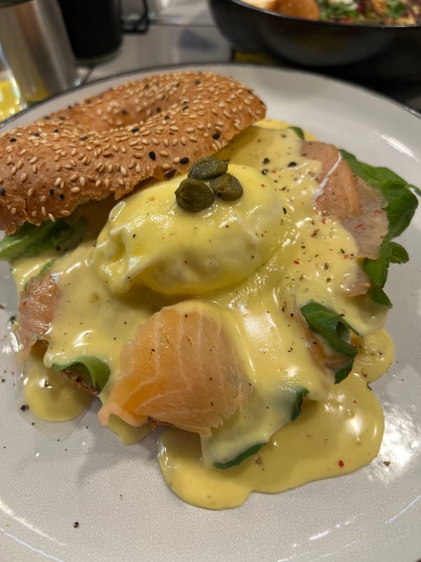 Salmon Eggs Benedict photographed at Tbilisi breakfast spot