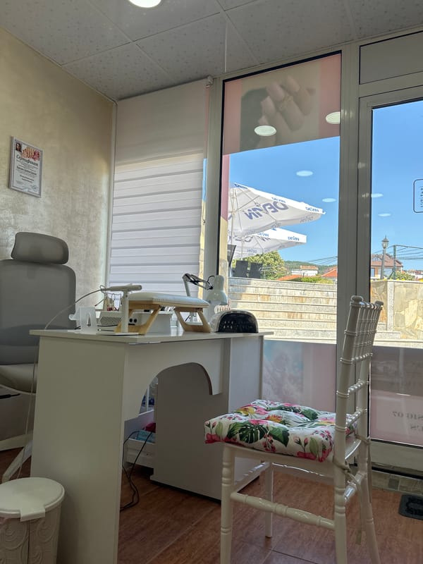 Inside and outside a nail salon in Aksakovo, Bulgaria