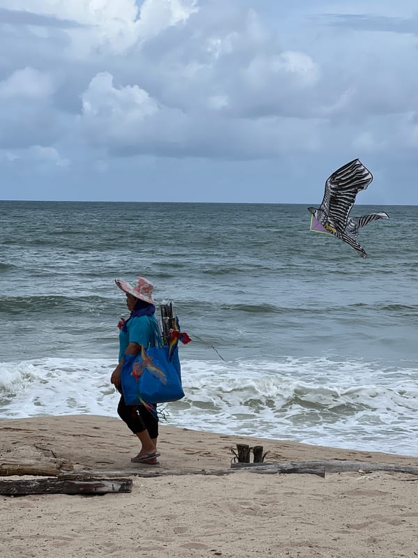 Beach vendors stroll the shoreline hawking plush toys and goods