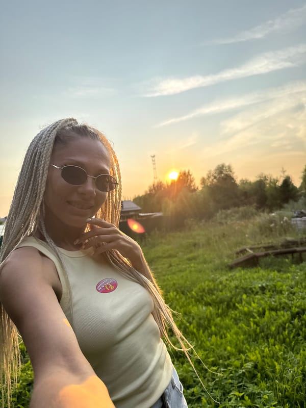 Golden hour selfies on a rural railway track in Zhukovo