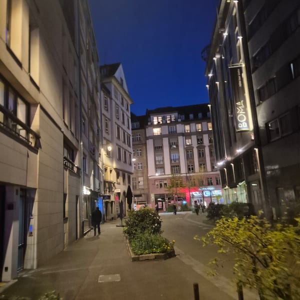 Nighttime street scene captured in Strasbourg, France