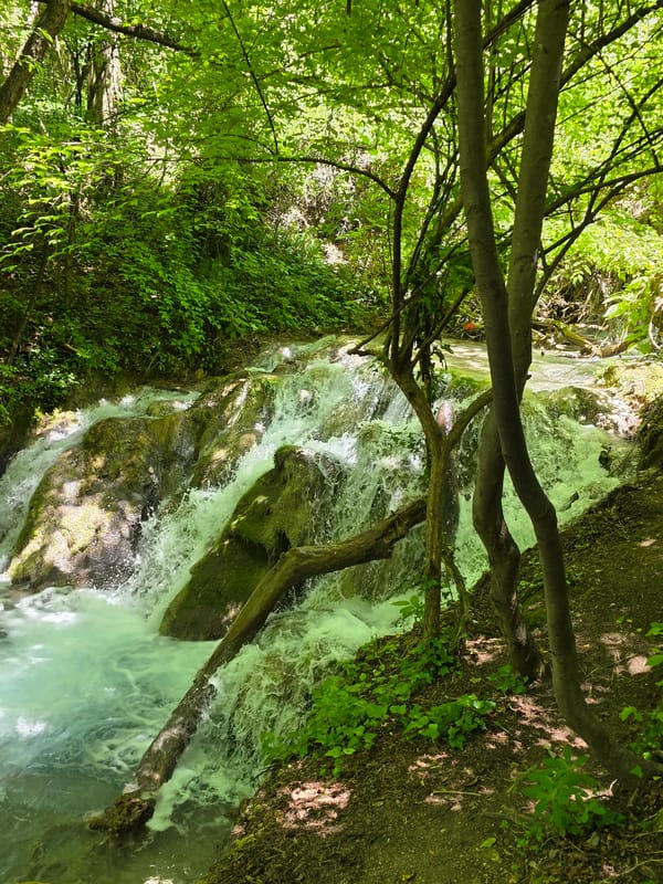 Hiker documents waterfalls and forest trails near Bachkovo, Bulgaria