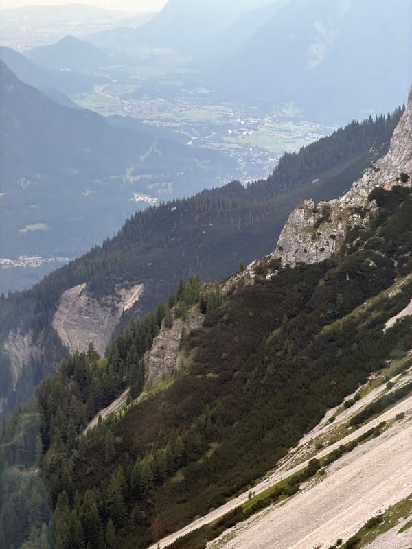 High-altitude views over the Grainau valley and rocky Alpine faces