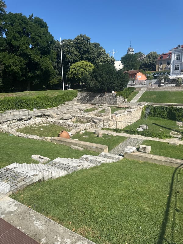 Ancient Roman stadium ruins and marble columns, Plovdiv
