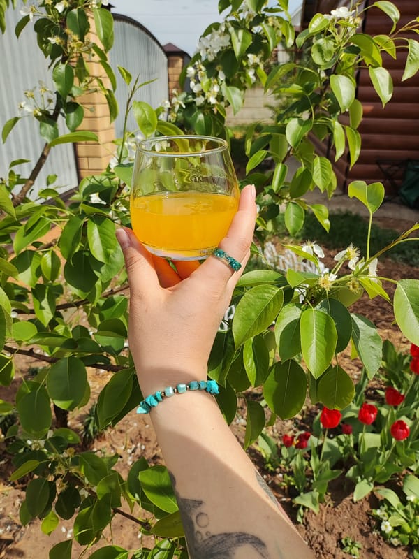 Spring celebration with drinks, decorated dog, flowers in Noviy