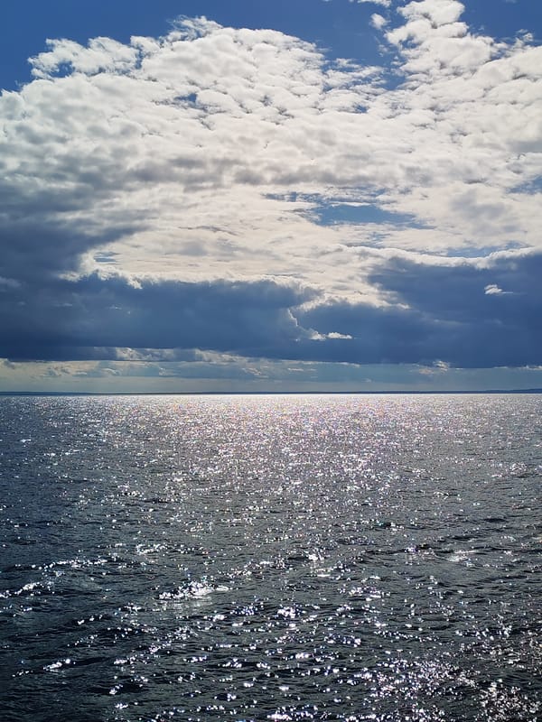 On the water in Russia, aboard a barge under cloudy skies
