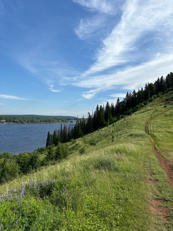 Summer morning exploring the river valley and hills of Olkhovka