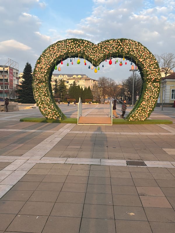 Afternoon scenes from Yambol: floral displays and cafe moments