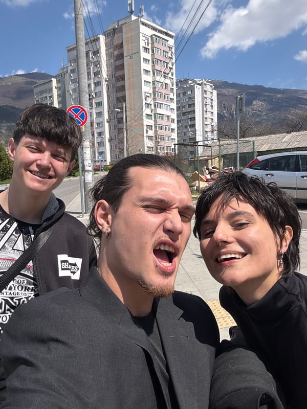 Three people pose for outdoor selfie in Karlovo