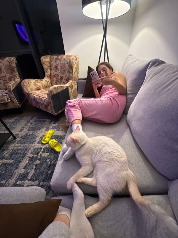 Woman enjoys quiet morning with cats in Mexico City home