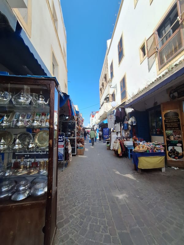 Tourist activity documented in Essaouira's historic medina streets