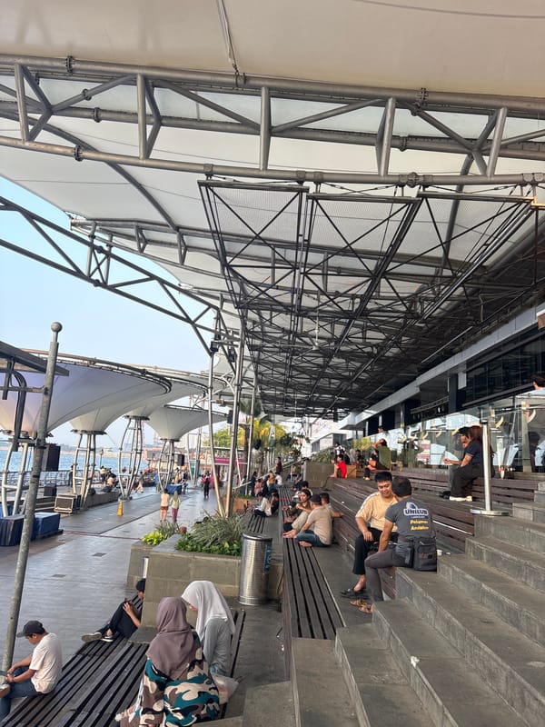 North Jakarta waterfront at Ancol — promenade, boats, and market finds