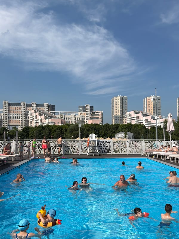 Summer pool day in Khimki, with glimpses of everyday life nearby