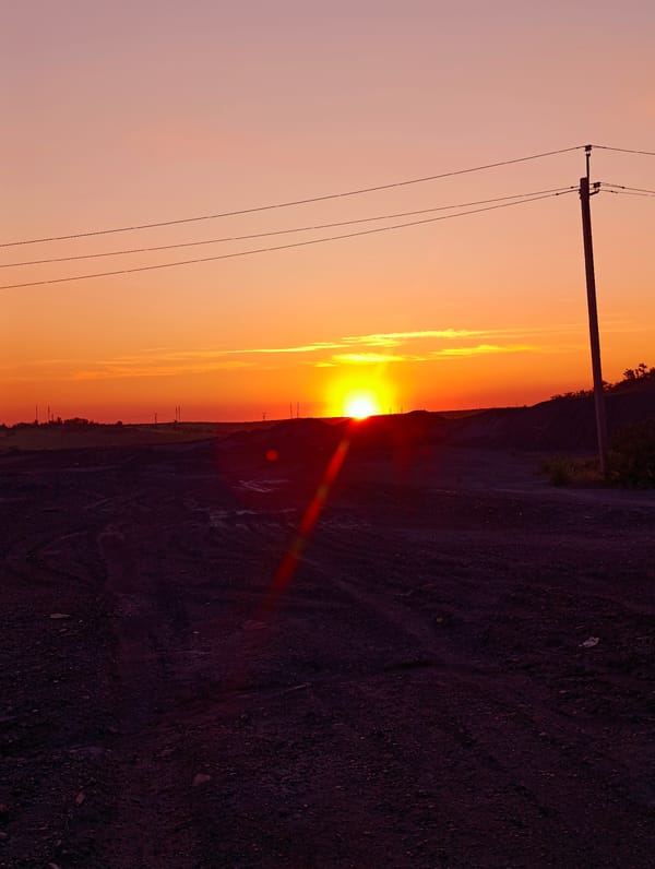 Arid landscape at golden hour, power lines and open terrain