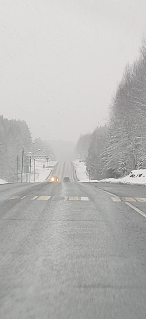 Heavy snowfall reduces visibility on Chaykovsky road