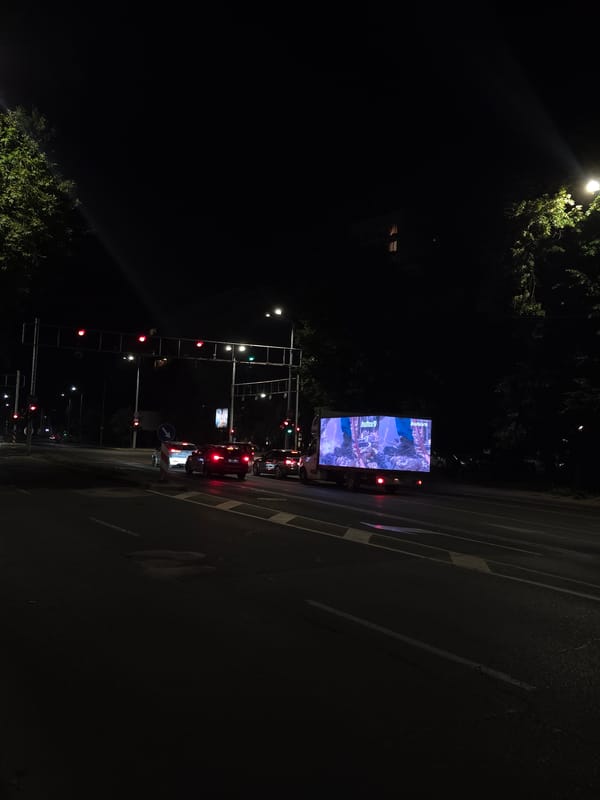 Mobile LED ad truck rolls through Plovdiv traffic at night