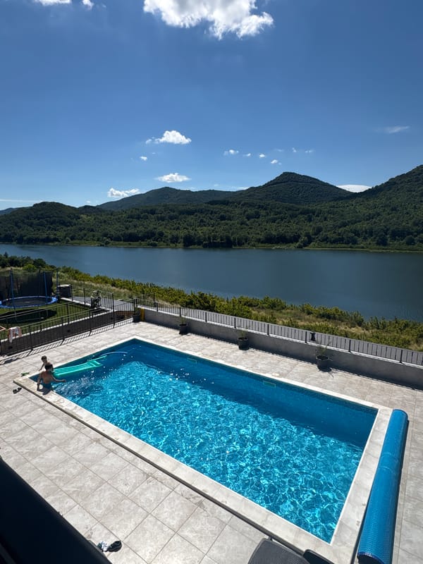 Lakeside pool day with scenic landscape views