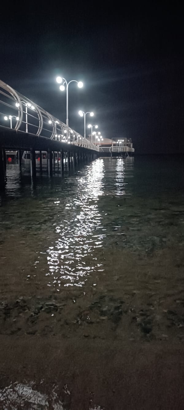 Full moon night over a calm sea and lit pier