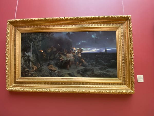 Stormy coastal painting observed on red wall in Moscow