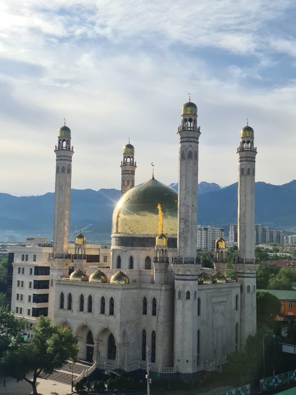 Almaty's Central Mosque seen from ground and aerial perspectives