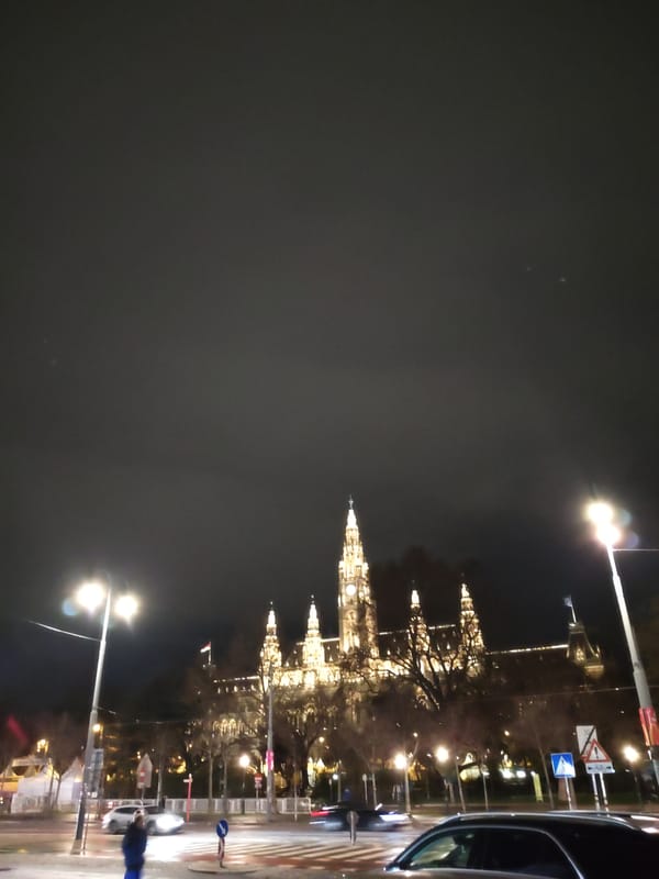 Vienna City Hall illuminated at night with street scene