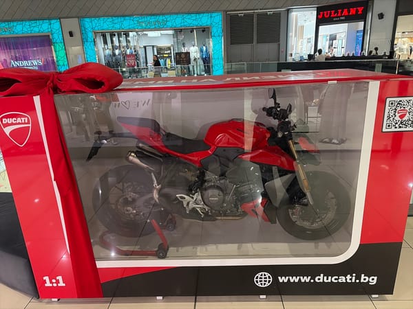 Ducati display and sleeping cat spotted in Sofia stores