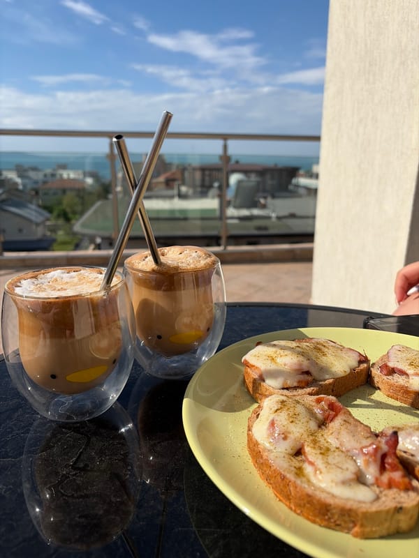 Morning breakfast scene captured in Burgas with novelty glassware