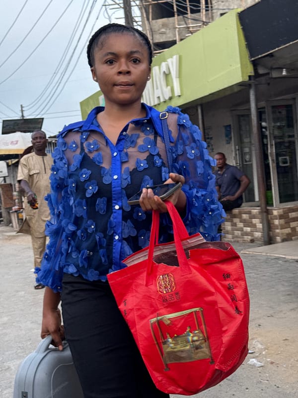 Woman with luggage, shopping bag observed on Ado sidewalk