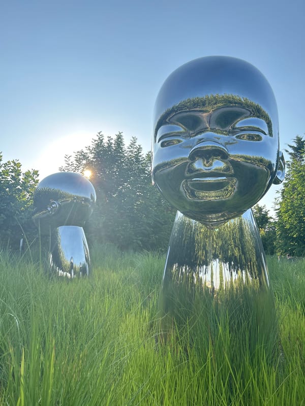 Reflective baby head sculptures in a sunny Krasnodar park