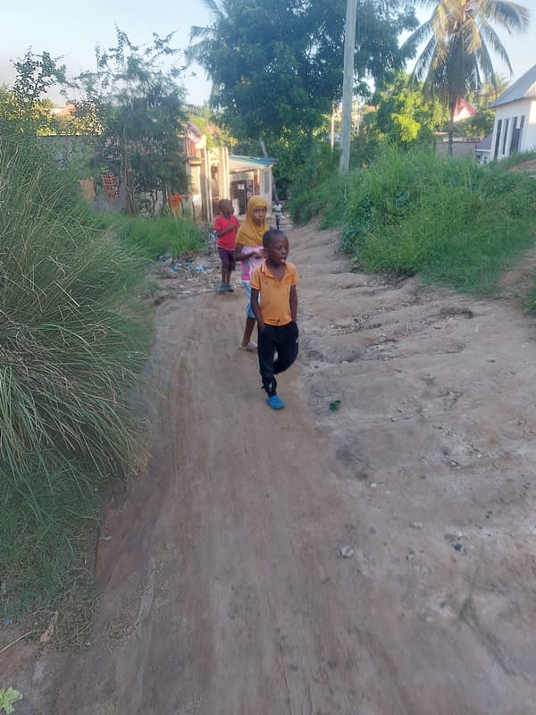 Residents navigate dirt road in Dar es-Salaam neighborhood