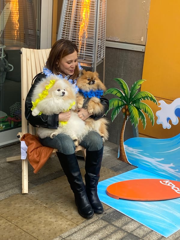 Woman sits with lei-wearing dogs on Moscow bench