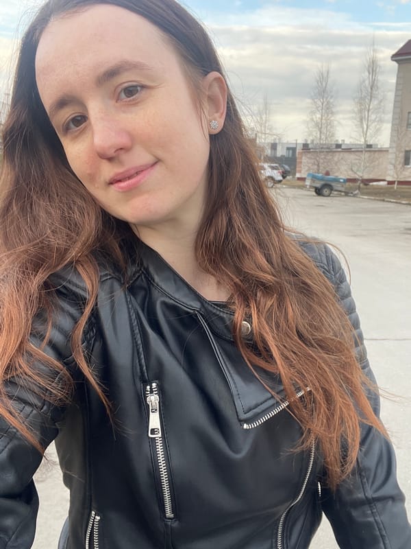 Woman in leather jacket photographed in Podstepki, Russia