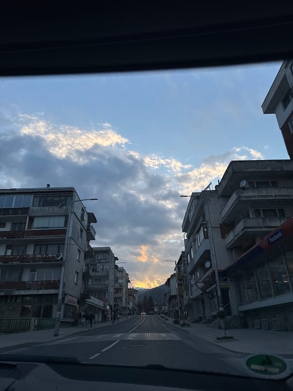 Twilight street scenes documented in Smolyan, Bulgaria