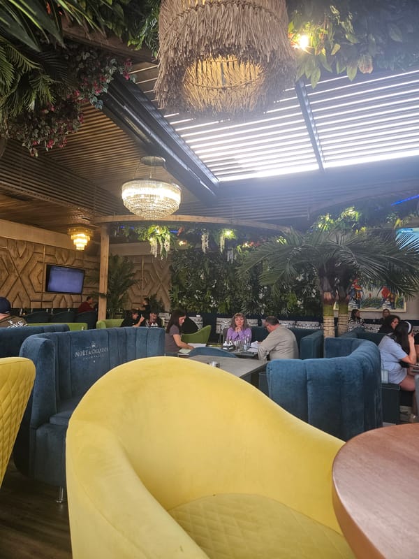 Upscale tropical-themed lounge documented in Sofia, Bulgaria