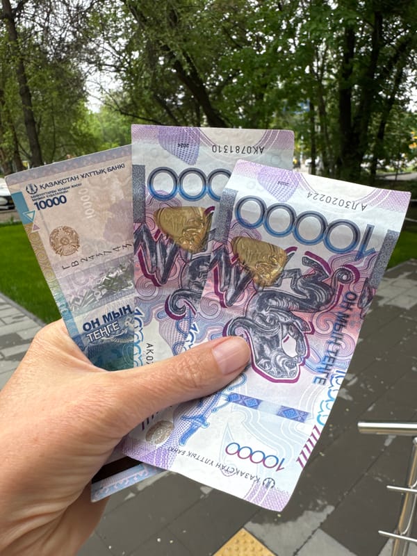 Person handles cash near automated terminal in Almaty